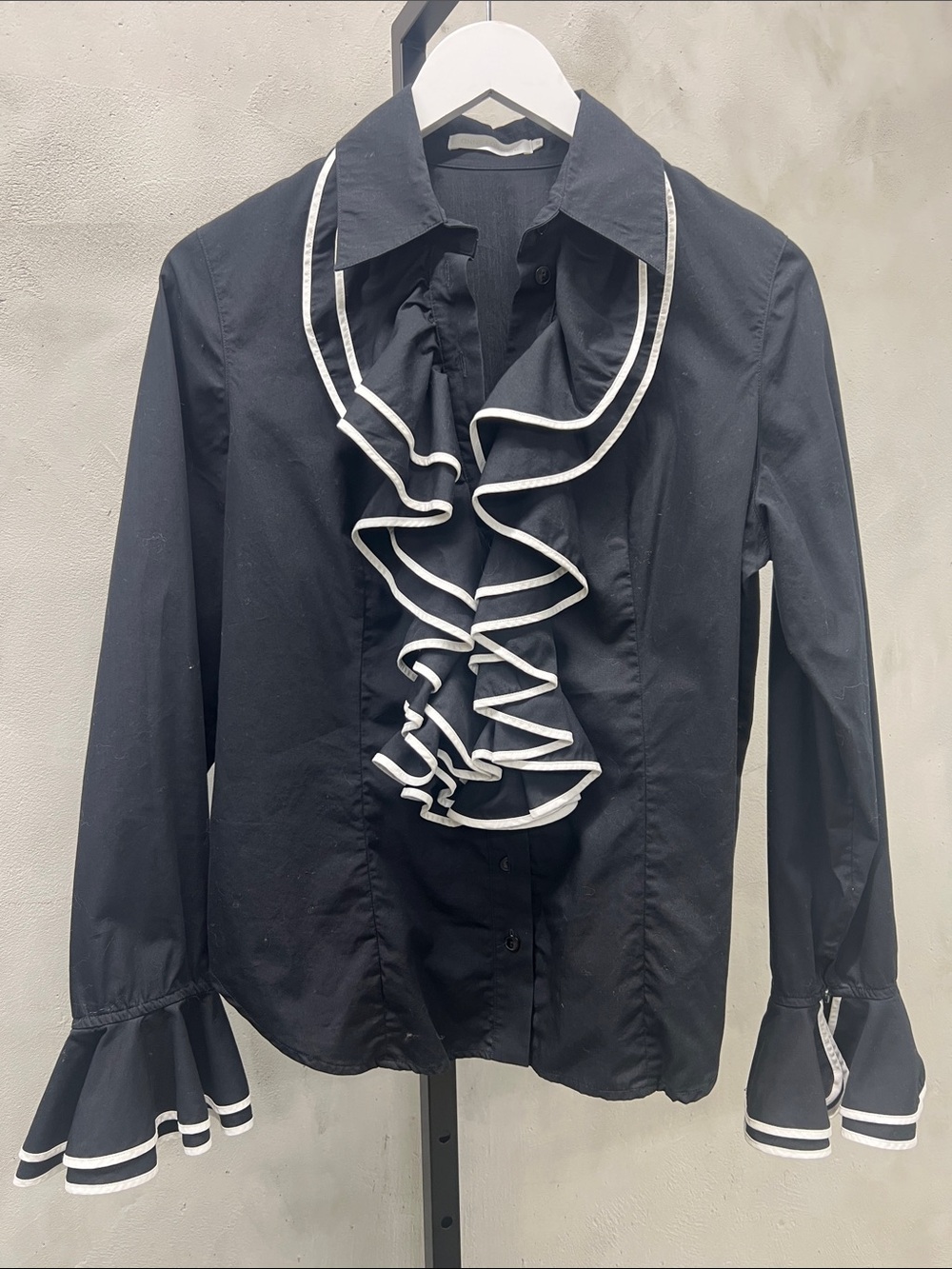 Anne Fontaine Black Blouse with White Ruffle Trim